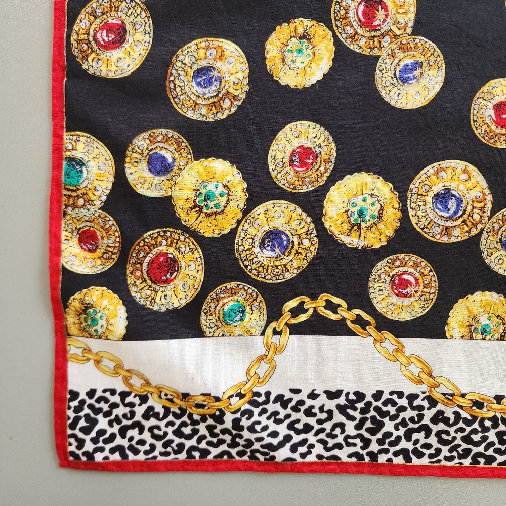 Celine Black & White Silk Bandanna with Gold, Red, Blue & Green Medallions EUC - Picture 11 of 15